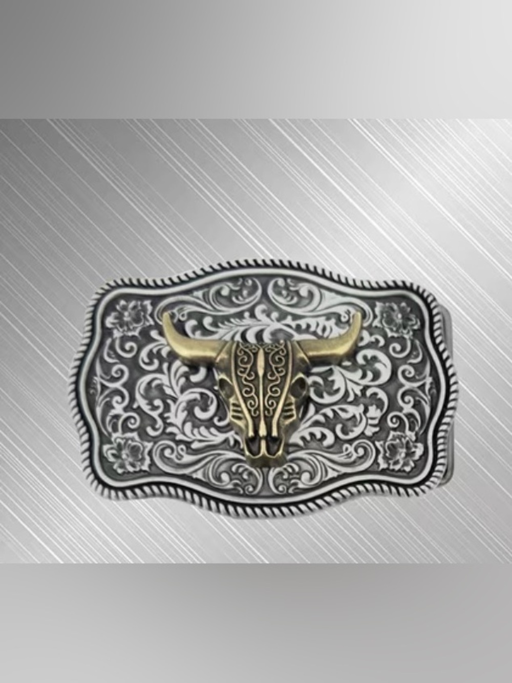 Western Belt Buckle Decorative Bull Skull in Antique Gold and Silver